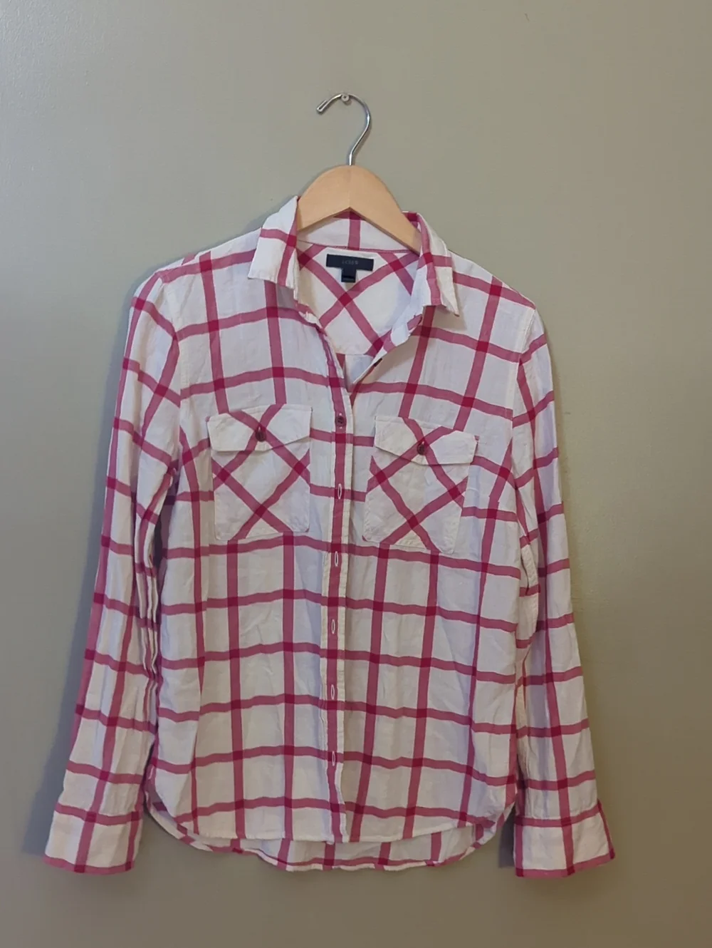 J. Crew Pink and White Plaid Button-Down Shirt